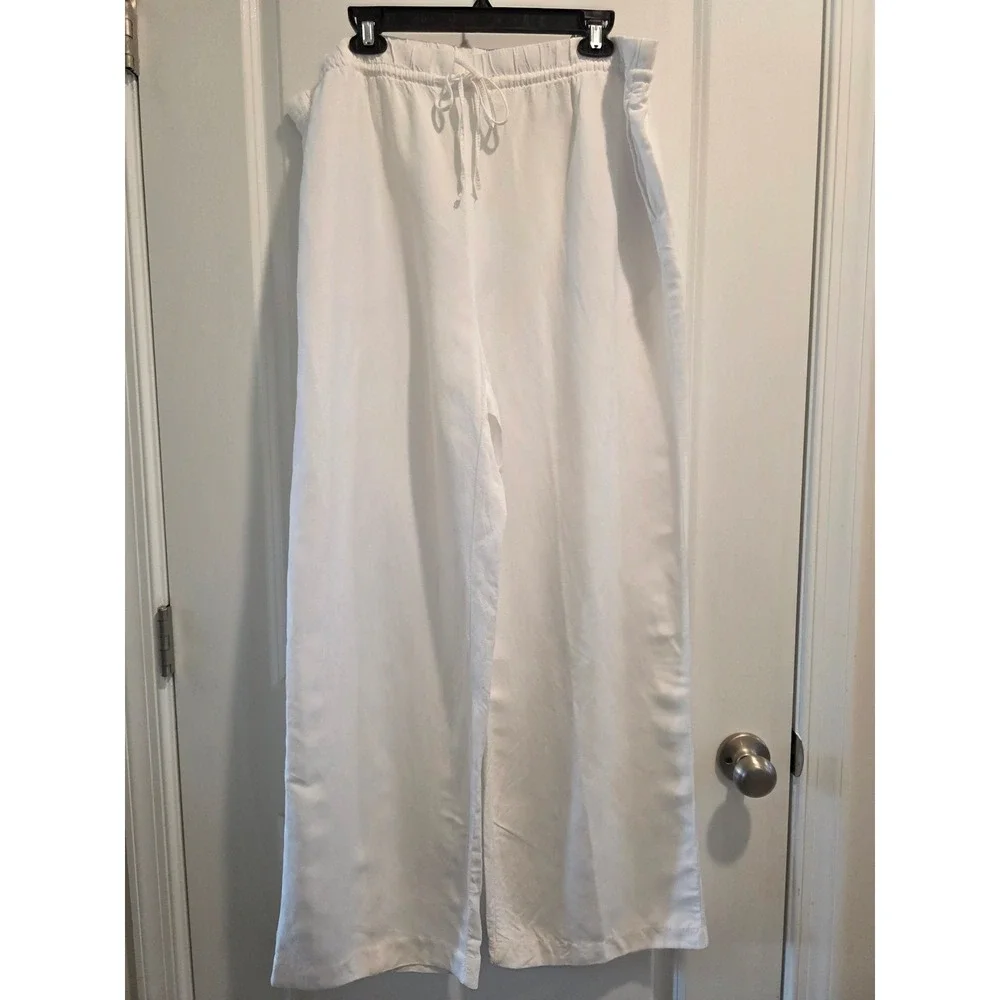 Women's sz XL White Linen Blend Drawstring Wide Leg Pants High Rise Summer
